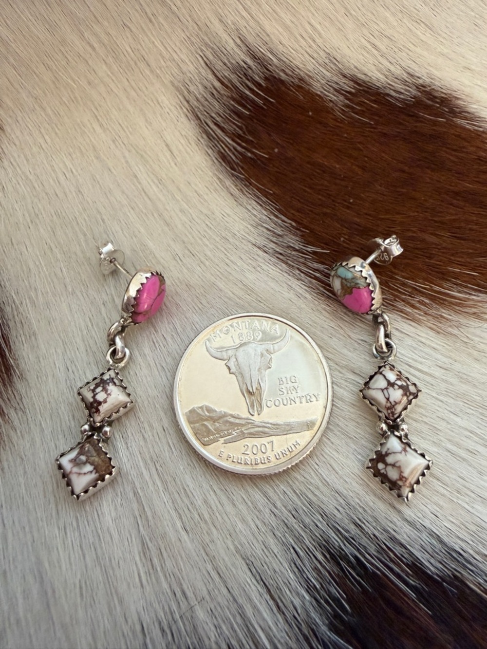❤️ Wild Horse Jasper & Cotton Candy Turquoise Post Back Dangle Sterling Earrings - Picture 5 of 15